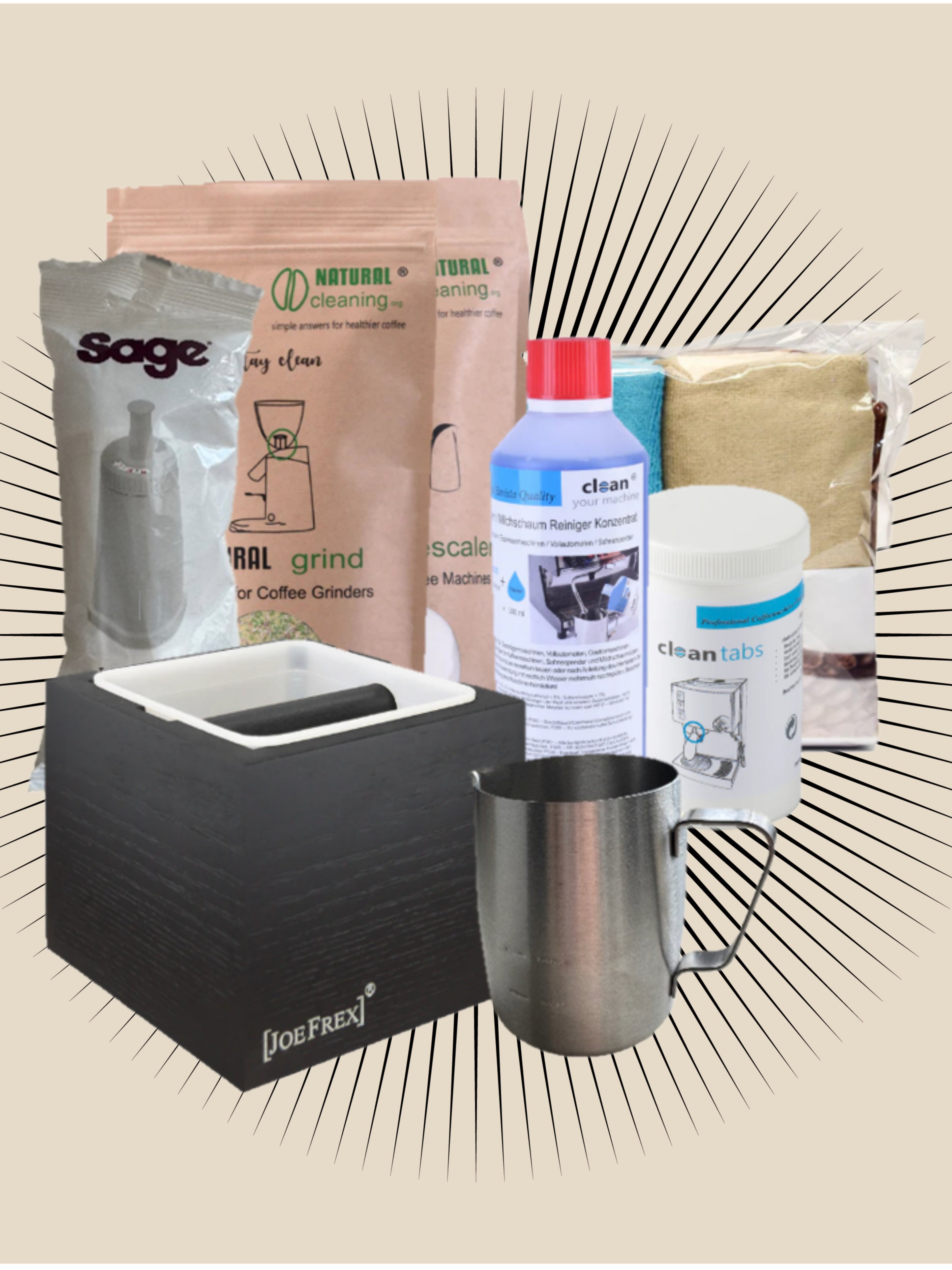 Startpakken Sage | Komplet pleje til din Sage espressomaskine med afkalker, rensepiller, knockbox, mikrofiberklude og mælkekande fra Joe Frex.