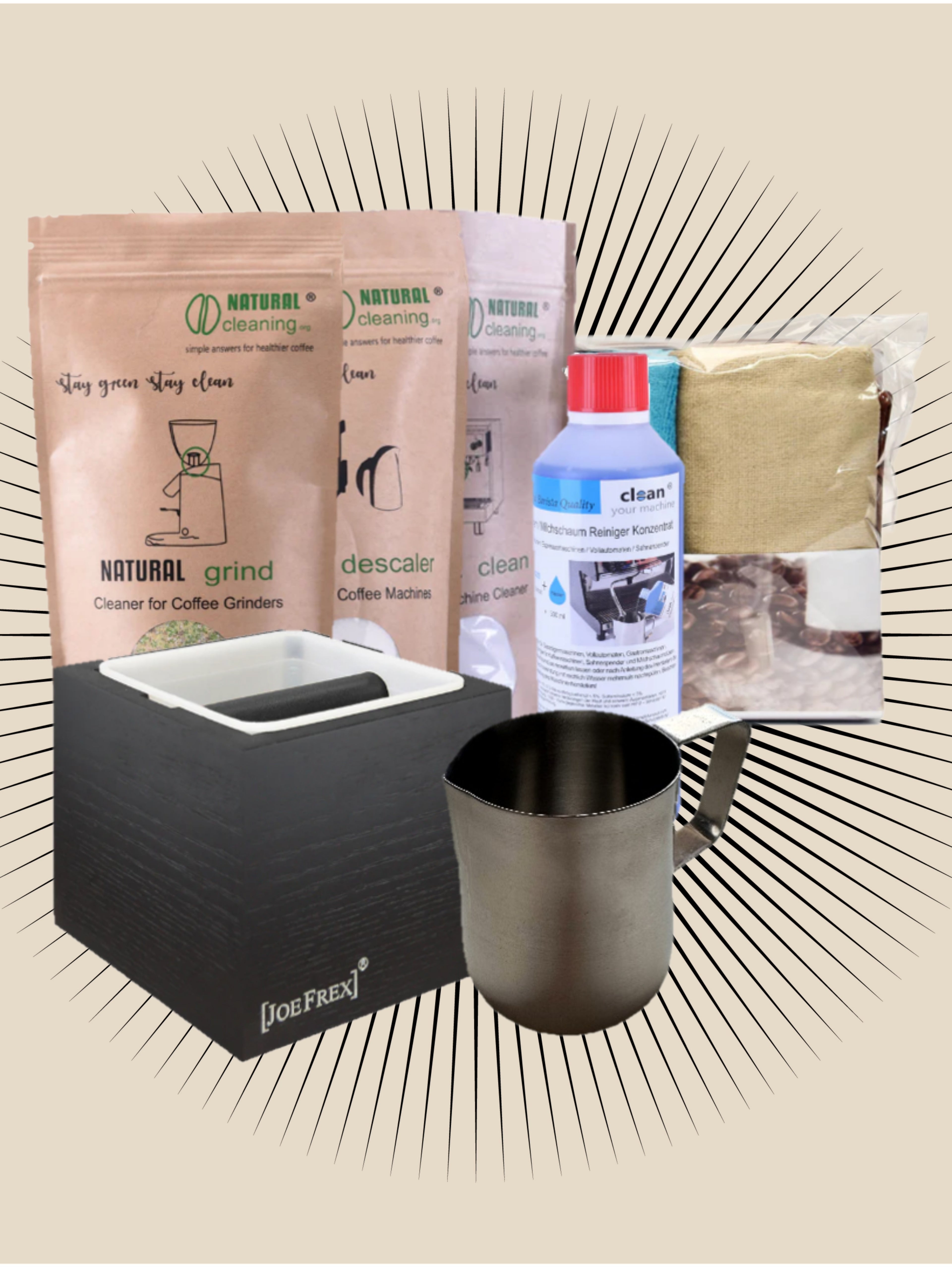 Startpakken Semiautomatisk med naturlige rengøringsmidler, knockbox, mælkekande og mikrofiberklude til espressomaskiner. Komplet produktpakke til pleje og udstyr.